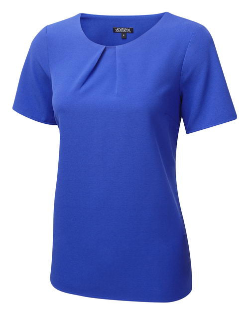 LIBBY Tuck Neck Short Sleeve Stretch Shell Blouse