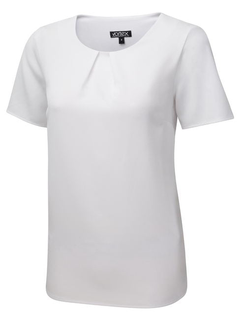 LIBBY Tuck Neck Short Sleeve Stretch Shell Blouse