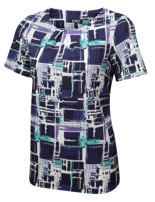 PENNY Tuck Neck Short Sleeve Print Shell Blouse