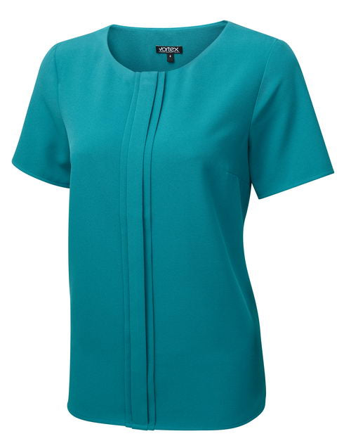 POPPY Pleat Front Short Sleeve Stretch Shell Blouse